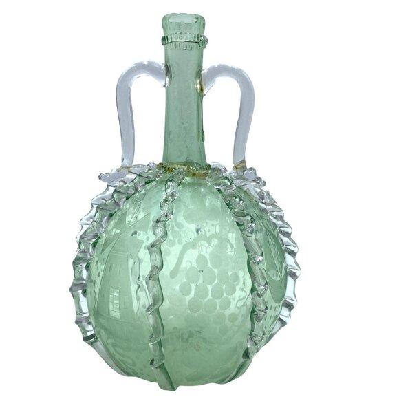 Vintage Green Glass Decanter With Etched Sailboat Design & Clear Swirls - Picture 9 of 11